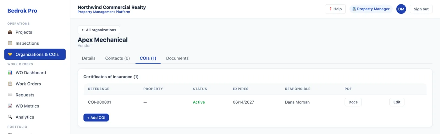 Bedrok Pro vendor record showing certificates of insurance with status, expiry date and responsible owner