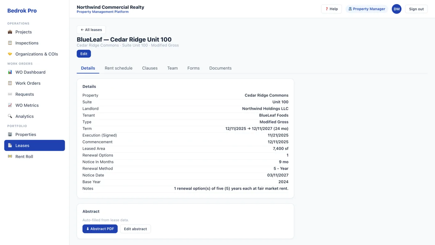 Bedrok Pro lease record showing term, leased area, renewal options and an auto-calculated notice date, with downloadable abstract