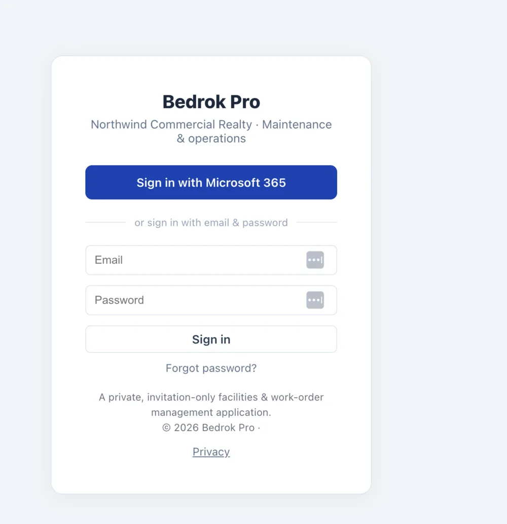 Bedrok Pro sign-in screen offering Microsoft 365 single sign-on with an email and password fallback