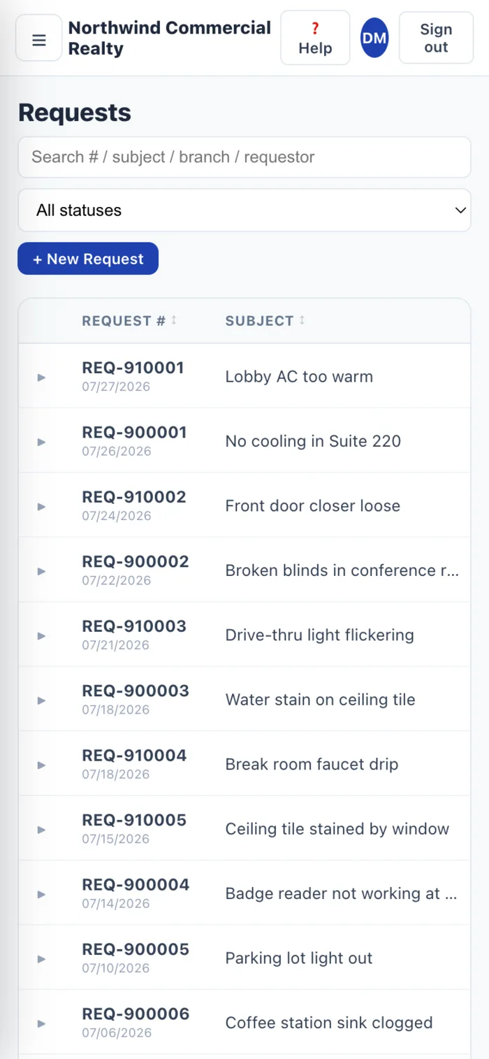 Bedrok Pro requests list on a phone, with search, status filter and a new request button
