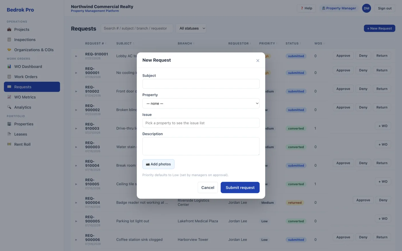 Bedrok Pro new-request form over the requests list, with approve, deny and return actions