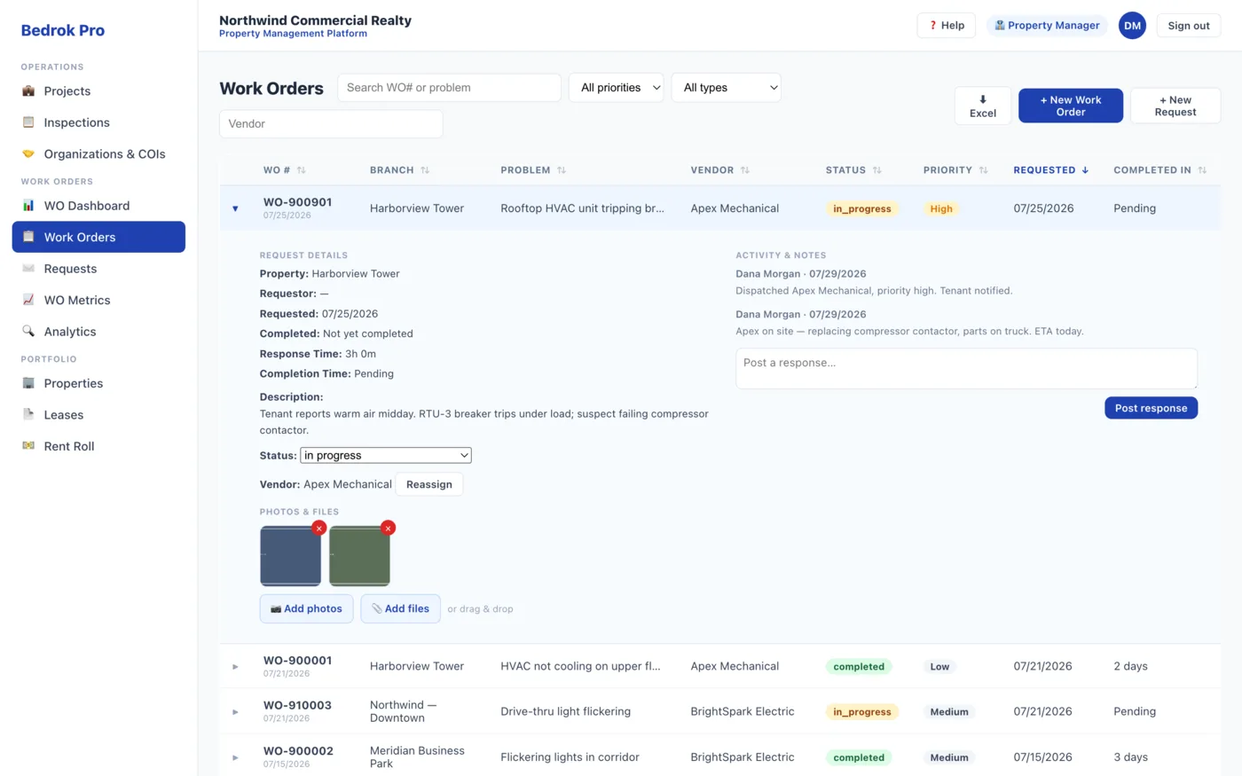 Bedrok Pro work-order list with an expanded row showing status, vendor, activity notes and attached photos